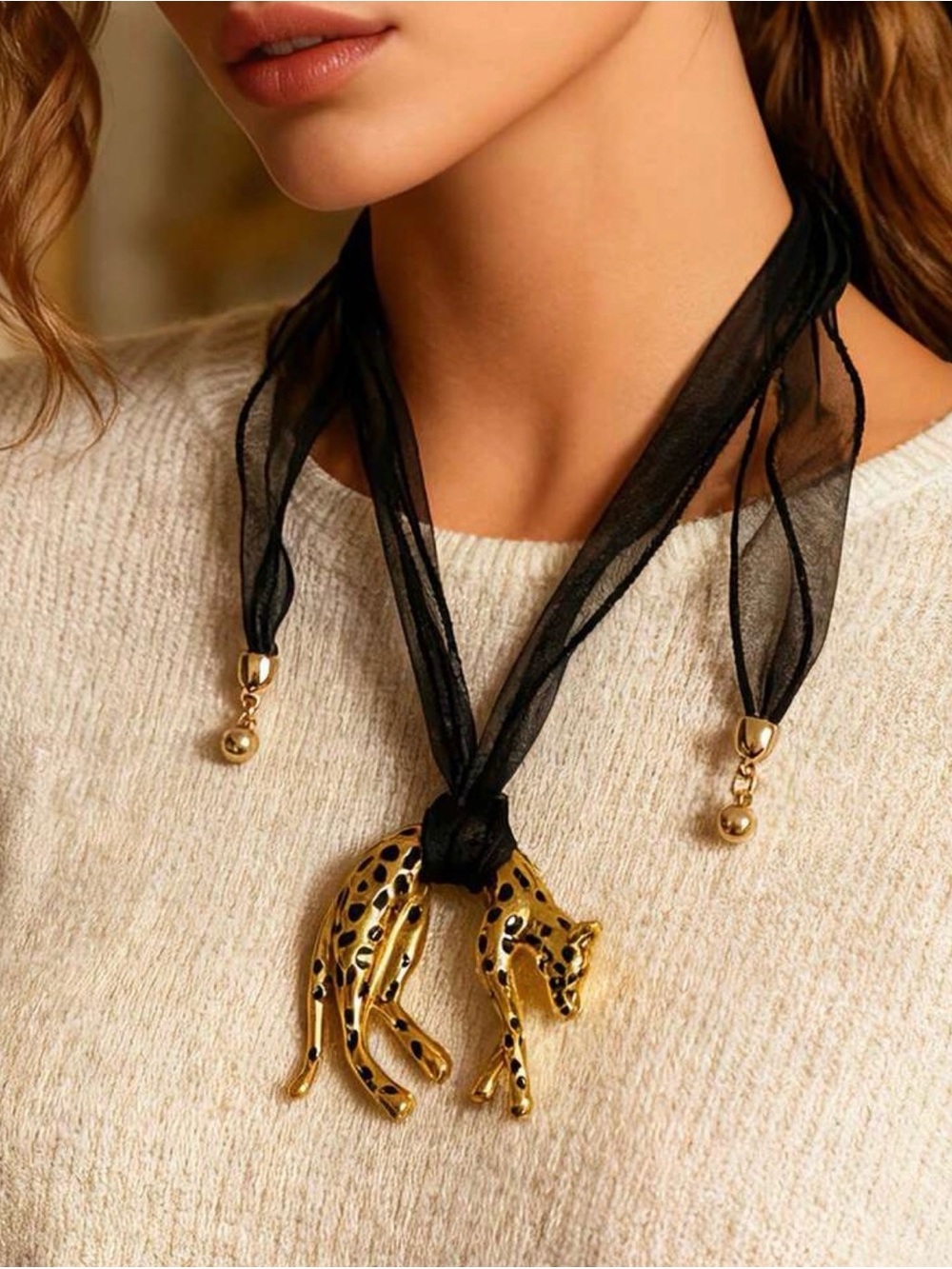 Gold Leopard Pendant Necklace with Black Ribbon